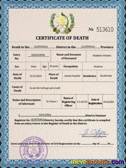 Guatemala vital record death certificate